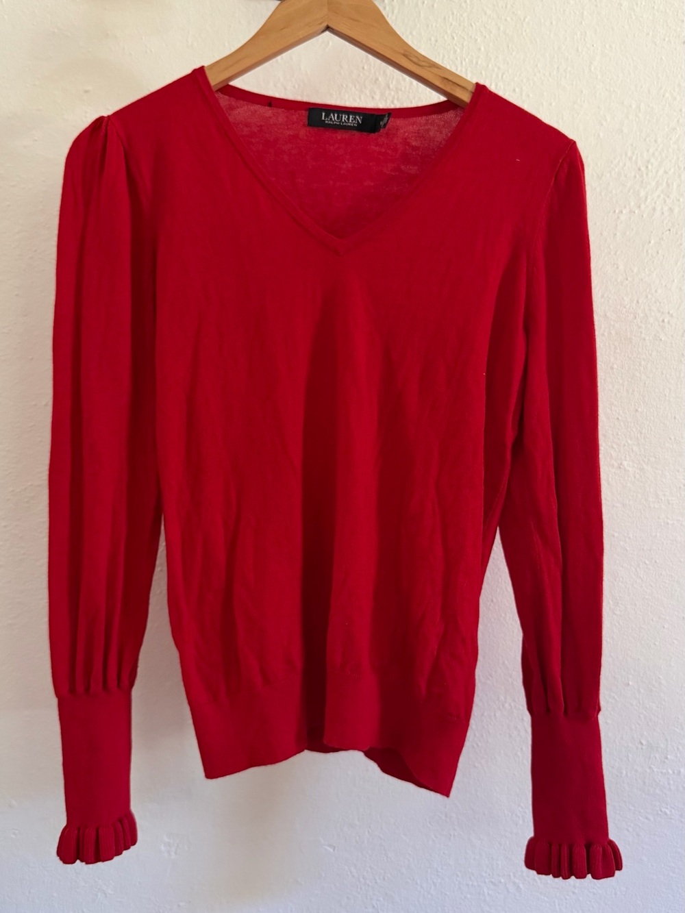 Lauren Ralph Lauren Bright Red V-Neck Sweater with Ruffled Cuffs
